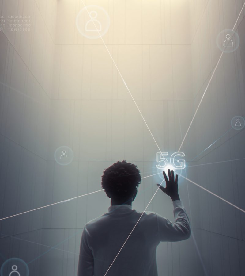 5G connection technology background with man using futuristic virtual screen digital remix